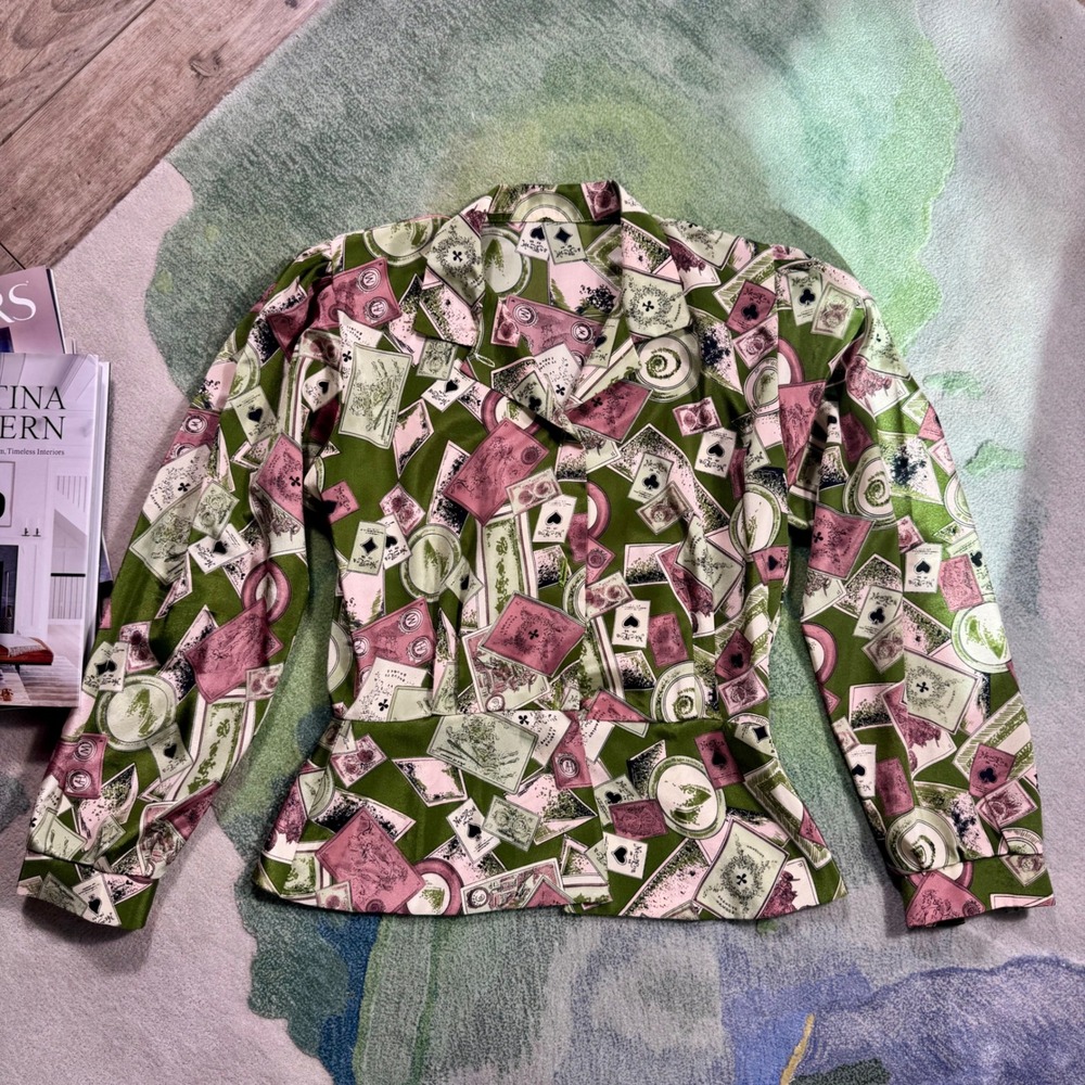 Vintage Playing Card Print Peplum Blouse Green Pink Long Sleeve Notched Collar